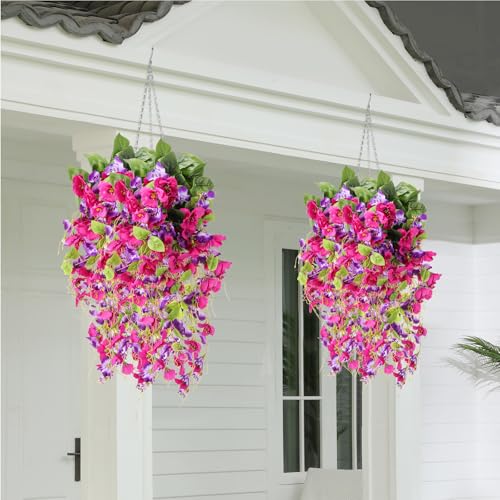 XunYee 8 Pcs Artificial Hibiscus Flowers for Outdoors Spring Summer Decor Fake Hanging Flowers Plants Uv-Resistant Faux Hibiscus Flower for Outside Porch Patio Front Door (Rose Red Purple) - color: Rose Red Purple