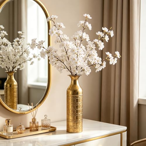 Hosley 16" Distressed Gold Etched Metal Flower Vase Metallic Cylinder Centerpiece with Geometric Grid Pattern for Home Decoration Floral Arrangements - color: Antique Gold, size: 16" High