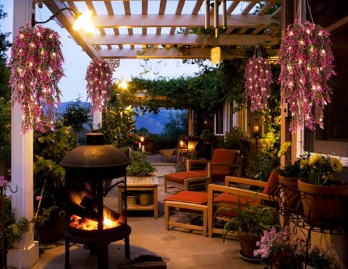 SJL 4pcs Long Fake Plant Faux Hanging Plants Indoor with Lights Artificial Hanging Greenery for Outdoors Ivy Hang Plastic Long Stem Leaves Decor for Wedding Home Office Party Room (Fuchsia) - color: Fuchsia Laven With Lights