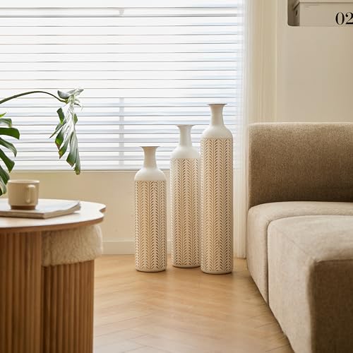 Floor Vases, Tall Home Decor Metal Vase Set of 3 Large Glazed Decorative Vases for Wedding Decor, Elegant Modern Flower Holder for Living Room, Entryway, Hallway - color: Leaf White Gold