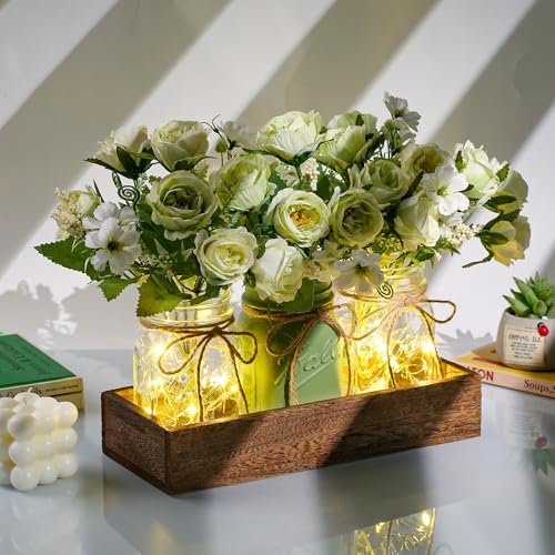 3 Pcs Mason Jar Centerpiece Table Decorations for Dining Farmhouse Coffee Table Decor with Wood Tray and Led Light Table Centerpieces for Dining room Kitchen Living Bathroom,Green - color: Green