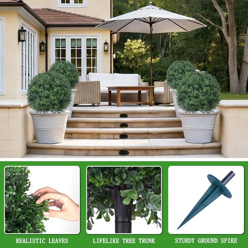 Yangrass 2 Pcs Artificial Boxwood Topiary Ball Trees, All-Season Outdoor Shrubs with Spikes, Decorative Evergreen Topiary Bushes for Front Porch, Garden - color: Boxwood