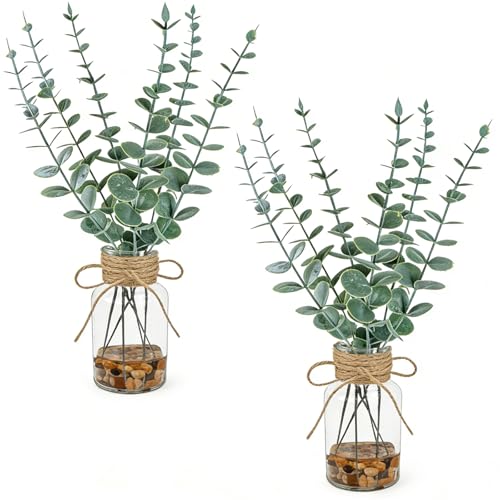 2 Pack Artificial Eucalyptus Stems in Glass Vases, 14" Fake Plants with Faux Water Stones, Small Faux Plants for Kitchen Bathroom Shelf Coffee Table Decor (Green) - color: Green