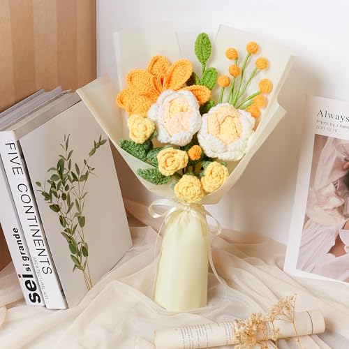 LAIDANLA Crochet Flower Bouquet Yellow Roses and Tulip Bouquet for Her, Handmade Crocheted Flowers Appreciation Graduation Anniversary Birthday Gifts for Women Wife Teacher Girlfriend Mom