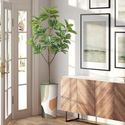 Artificial Tree in Multicolor Textured Geometric Shapes Illustrations Planter, Fake Magnolia Tree for Indoor and Outdoor Home Decoration - 70" Overall Tall (Plant Pot Plus Tree) - style: Magnolia Tree