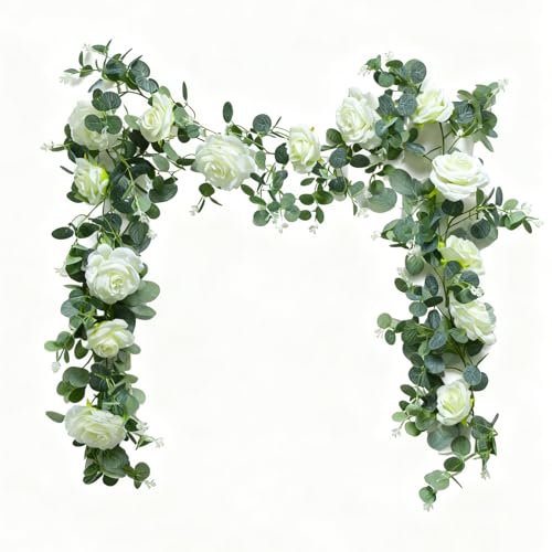 6FT Artificial Eucalyptus Garland with 14 Fake White Rose Flowers - Floral Greenery Decoration Vine for Runner, Backdrop, Arch Wall Decor,Indoor/Outdoor, (1 PCS) - size: 1 Pack