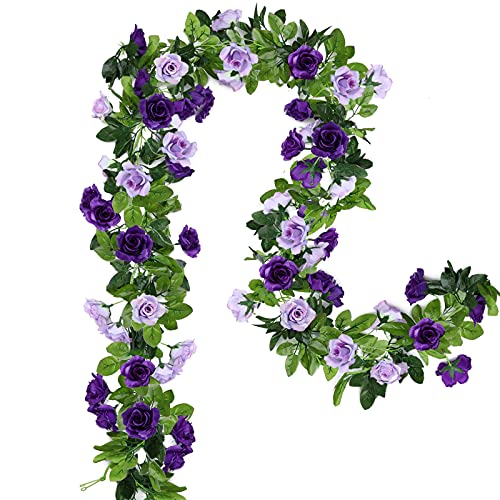 Floweroyal 2 Pack Artificial Flower Garlands 15.8FT Fake Rose Vines Silk Flowers Hanging Rose Ivy for Wedding Arch Party Home Garden Wall Decor (Purple) - color: Purple, size: 2pcs