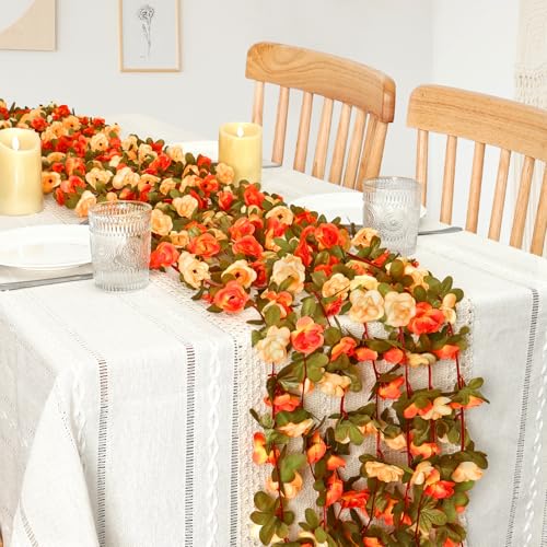 KHOYIME 5 Pack 40 FT Artificial Flower Garland, Fake Orange Roses Vines Silk Flowers Faux Plastic Outdoor Hanging Floral Garland Fall Autumn Decoration for Indoor Table Home Wall Backdrop Room Decor - color: Orange, size: 5pcs
