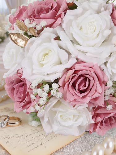 Wedding Bouquets for Bride & Bridesmaid, 9 Inch Artificial Rose Bridal Bouquet, Ivory White & Pink Silk Flowers for Wedding Ceremony, Church, Party Decoration (White Pink) - color: White Pink