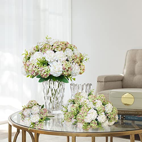 4 Bundles Small Hydrangea Artificial Flowers, Silk Fake Flower Bouquet for Wedding Party Home Decor.(White & Green) - color: White&green