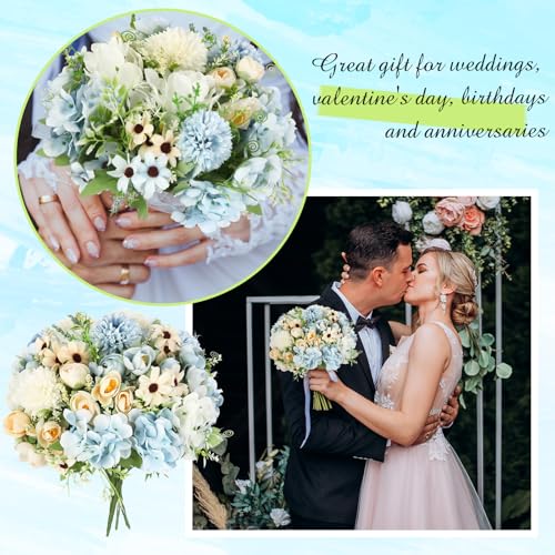 Tigeen Peonies Artificial Flowers Faux Roses Silk Flowers Hydrangea Artificial Bouquet for Wedding Table Centerpiece Floral Vase Home Office Bridal Decor(Champagne White, Blue,12 Bundles) - color: Champagne White, Blue