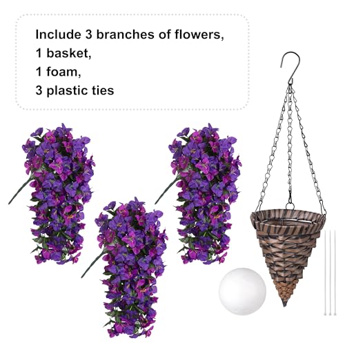 Bougainvillea Artificial Hanging Fake Flowers with Basket for Outdoors Decoration, Faux Silk Flowers UV Resistant Fake Plants Long Vines Realistic for Outside Front Door Porch, Dark Purple Fuchsia - color: Dark Purple Fuchsia