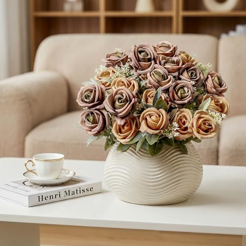 Fake Roses Brown Roses Artificial Roses Silk Roses Artificial Roses with Stems 24 Full Flower Heads Faux Roses for Outdoor Indoor Centerpieces Home Wedding Farmhouse Decor No Vase(4PCS,Brown) - color: Brown 4pcs