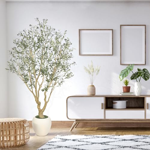 FEELEAD Olive Trees Artificial Indoor - 7FT Faux Olive Tree with 15" Exquisite Planter, Natural Trunk and Lifelike Leaves, Tall Fake Olive Tree for Home Office Living Room Decor