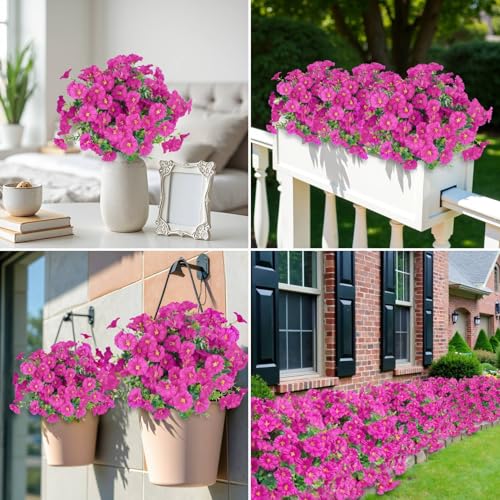 Ouddy Decor 24 Bundles Artificial Flowers for Outdoors Decoration Fake Silk Morning Glory Flowers Faux Eucalyptus Plants UV Resistant for Porch Patio Garden Spring Summer Home Decor, Fuchsia - color: Fuchsia