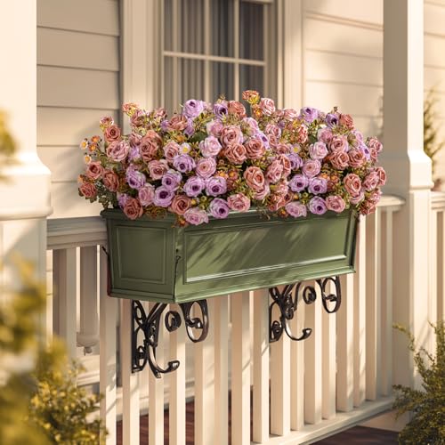 Artificial Rose Flowers for Outdoor 4 Bundles Rose Bouquet with Daisy Faux Flowers UV Resistant for Home Indoor Outside Garden Porch Window Box Balcony Yard Porch Fall Decor (Purple+Brown) - color: Purple+brown