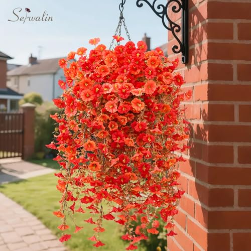 Serwalin 4PCS Artificial Fall Flowers for Outdoors, UV Resistant Fake Silk Artificial Hanging Plants Outdoor for Porch Patio Balcony Outdoor Planter Garden Yard Fall Decor(Orange&Red,4PCS) - color: Orange&red
