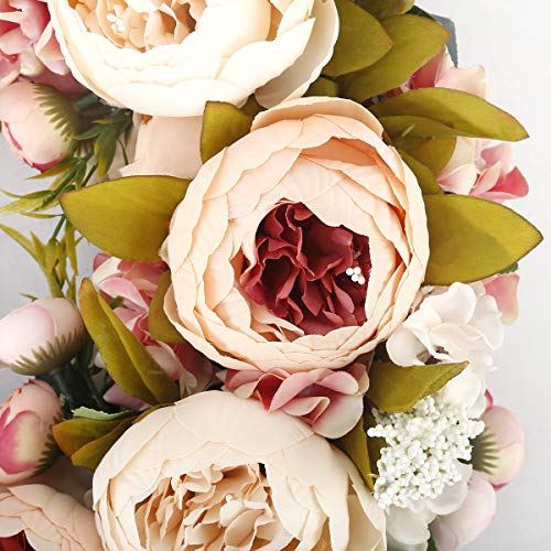 BOMAROLAN Artificial Peony Flower Wreath 19Inch Vintage Blooming Silk Peonies Spring Summer Fall Winter Large Wreaths Flower Green Leaves for Outdoor Front Door Indoor Wedding Wall Or Window Décor - color: Light Pink