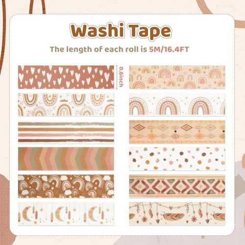 12 Rolls Boho Washi Tape Set, Vintage Watercolor Floral Rainbow Decorative Masking Tapes for Spring Arts DIY Craft Scrapbook Journal Planners Supplies Gift Wrapping 16.4Ft - color: A