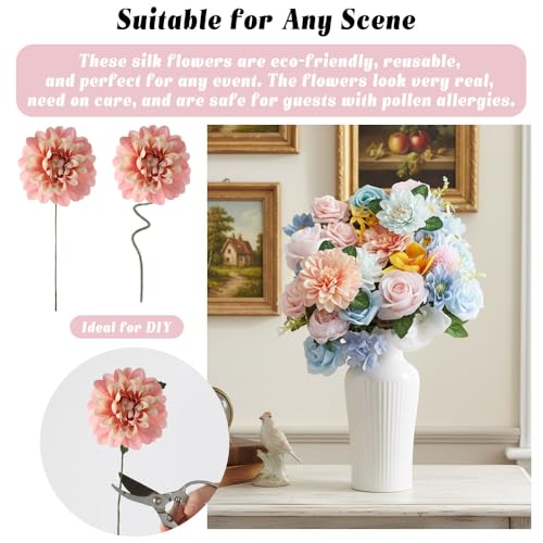 Artificial Flowers Combo, Yellow Blue Pink Silk Flowers Roses Dahlia Mix, Fake Flowers with Stems for DIY Bridal Bouquets Floral Arrangement Table Centerpieces Home Wedding Cake Decorations - color: Pink, Blue, Yellow