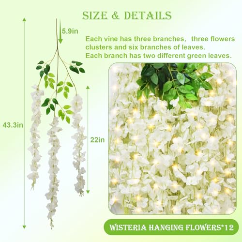 12 PCS Wisteria Hanging Flowers, 3.6ft Fake Vines Artificial Wisteria Garland Silk Flower String for Wedding Arch Garden Party Home Ceiling Wall Backdrop Tent Decoration (White) - color: White With Lights, size: 12 Pack