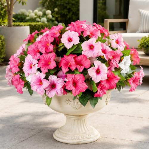 6Pcs Artificial Flowers for Outdoors, Fake Petunias Morning Glory Silk Flower UV Resistant, Faux Flowers for Outdoor Planters, Realistic Flora for Window Box Garden Porch Decor (DoublePink-Petunia) - color: Doublepink-petunia