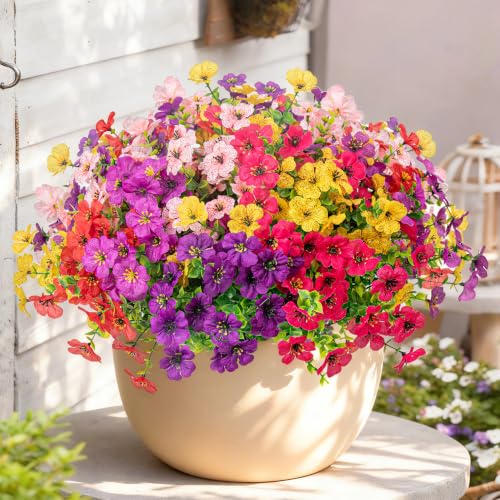 Artificial Flowers for Outdoors Decoration for UV Resistant Silk,16 Bundles | Artificial Violet Flowers for Spring Outdoor Decor, Realistic Fake Plants for Porch,Garden,Window Box,Vase Mix 6 Colors - color: 6 Mixed Color