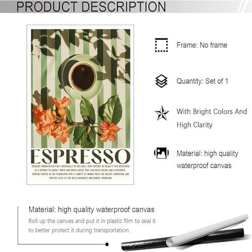 Funny Espresso Coffee Poster Trendy Kitchen Canvas Wall Art Green Coffee Cup On Table Floral Aesthetic Prints Painting For Living Room Kitchen Cafe Bar Wall Decor 12x16in Unframed - color: style 01, size: 12"L x 16"W