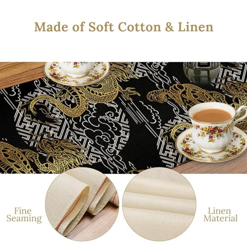 Chinese Dragon Table Runner, Black Gold Chinese Oriental Art Farmhouse Linen Table Runner for Coffee Table Kitchen Dining Wedding Party Holiday 13x36in - color: Aisa-4, size: 13x36in