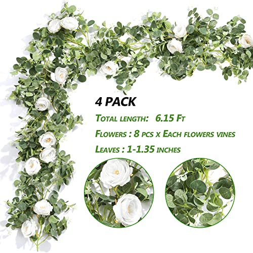 Der Rose 4 Pcs 26FT Artificial Flower Garland, White Rose & Eucalyptus Floral Garland, Faux Flower Vine for Wedding Table Runner Arch & Backdrop Decor - color: White 4 Pcs