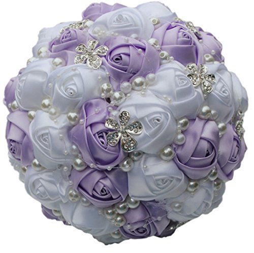 S_SSOY Wedding Bouquet Bride Bridal Brooch Bouquets Bridesmaid Bouquet Diamond Pearl Ribbon Valentine's Day Confession Party Church with Free Corsage Flower, Purple+White - color: Purple+white