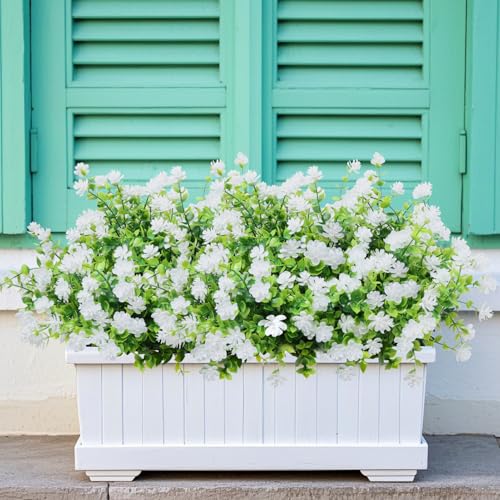 12 Pack Artificial Flowers & Plants for Outdoor Decor - Faux Eucalyptus & Lavender Greenery Shrubs - Fake Plants for Garden, Porch, Patio, Cemetery - Spring & Autumn Home Decoration - color: White