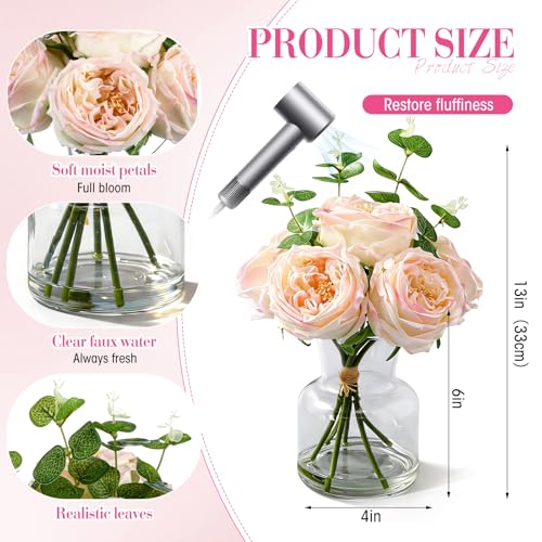 Norme Real to Touch Penoies Artificial Flowers, 6 Pcs Faux Austin Rose in Vase with Big Bloom and Fake Water Real Latex Petals for Wedding Dining Table Centerpiece Home Decor(Light Pink) - color: Light Pink