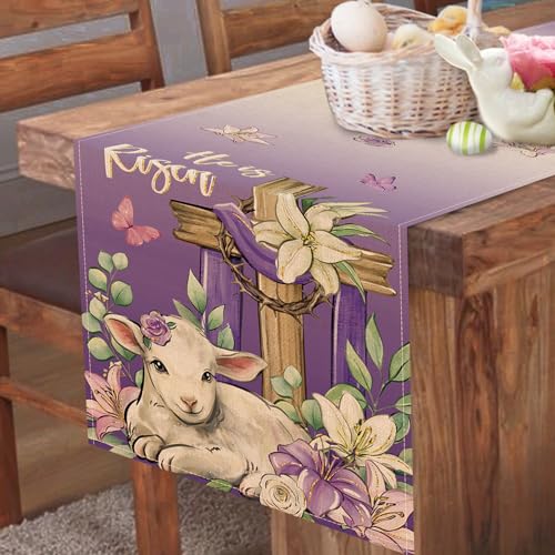 He is Risen Easter Purple Christian Table Runner, Religious Cross Lamb Lily Flower Kitchen Dining Table Decoration, Spring Eucalyptus Leaves Burlap Indoor Outdoor Home Decor Party Supply 13 x108 - color: Easter-he is Risen, size: Table Runner 13''X108''