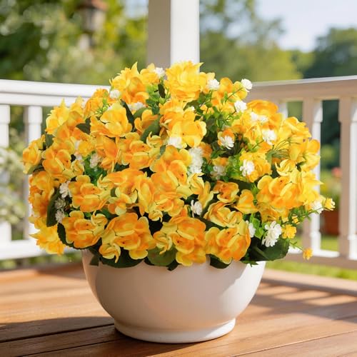 Olatay 12 Bundles Mixed Color Artificial Flowers for Outdoor, Artificial Geraniums Flowers for Outdoor, UV-Resistant Fake Geraniums for Porch, Balcony, Garden, Indoor Decoration (Yellow) - color: Yellow