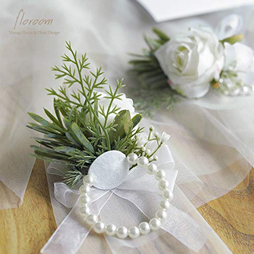Floroom Ivory Rose Wrist Corsage Wristlet Band Bracelet for Women Bride Bridesmaid White Wedding Prom Set of 2 - color: 2 Wrist Corsages