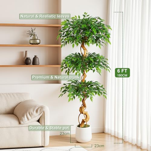 6ft Large Ficus Artificial Trees in White Pot, 72" Tall Fake Silk Tree with Natural Curved Trunk, Lush Faux Ficus Tree for Indoor Home Decor, Living Room, Office & Patio - size: 6ft