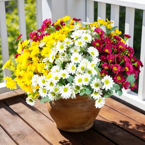 12 Bundles Artificial Daisies Flowers Outdoor Fake Plants Fake Foliage Greenery Faux Plants for Graves Hanging Outside Planter Window Box Wedding Decoration - color: White ,Yellow , Rose Red