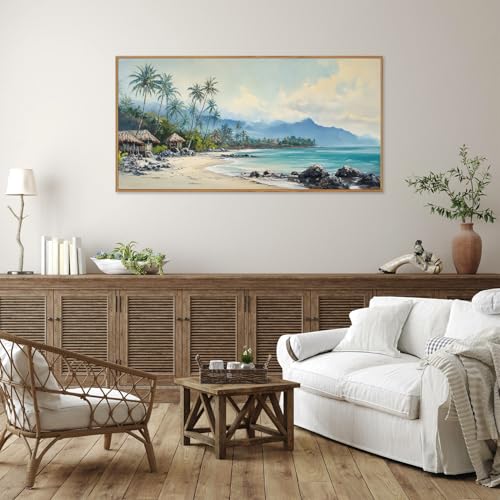 Rantodecor Tropical Coastal Framed Canvas Wall Art, Beach Landscape Posters Wall Decor, Island Palm Trees Beach House Art Paintings, Seascape Mountains Artwork for Bedroom Living Room Office 40"x20" - color: Tropical Coastal, size: 40"L x 20"W