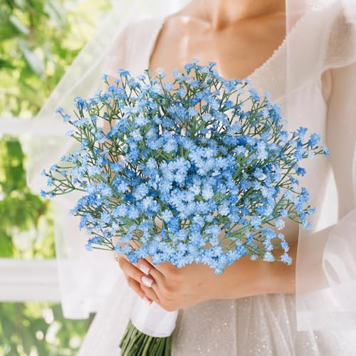 N&T NIETING Babys Breath Artificial Flowers Bulk, 10Pcs Blue Fake Gypsophila Bouquet Flowers Real Touch Faux Babies Breath Arrangement for Wedding Floral Party Home Centerpieces Vase Decoration, Blue - color: Blue, size: 10pcs