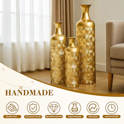 Tall Floor Vases Set of 3 for Decor Living Room Floor, White Vases Home Decor, Embossed Body Pattern, Geometric Cylinder (Gold 2) - color: Gold 2