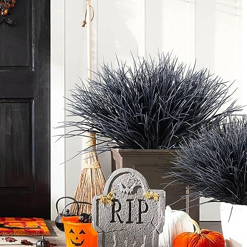 Black and White Plants Halloween Faux Flowers,Artificial Onion Grass Fake UV Resistant Outdoor Shrubs Plants Flowers Greenery Stems Faux Wheat Grass for Garden Home Window Box Porch Decor(Black White) - color: Black White Grass