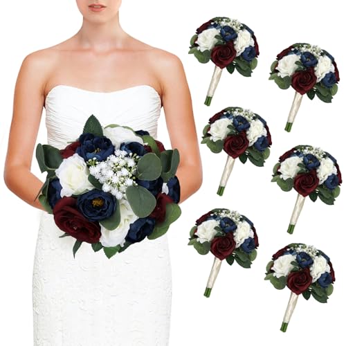 Set of 6 Bridesmaid Bouquets, 11 Inch Wedding Bouquets for Bridesmaids Artificial Flower Bouquets for Wedding Ceremony Bridal Shower Decorations - Burgundy & Navy Blue - color: Burgundy & Navy Blue, size: Set of 6 Bouquets