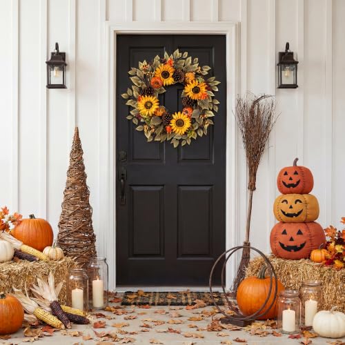20" Fall Wreath Front Door Pumpkin Sunflower Pine Cones Artificial Wall Decor Farmhouse Autumn Wreath Thanksgiving Home Porch Outdoor Indoor Holiday Harvest Decor - color: Brown, size: 20''