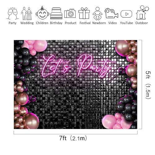 Riyidecor Let's Party Backdrop Modern Disco 80s Black Neon Pink Plaid Checkered Balloons Fashion Shinning Groovy 7Wx5H Feet Girls Photography Background Birthday Photo Studio Shoot Polyester Fabric - color: F-Party, size: 7Wx5H