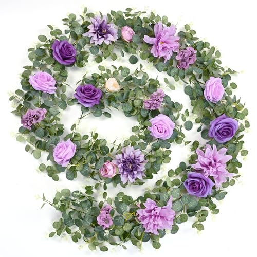 Waipfaru 8.85Ft Flower Garland, Eucalyptus Greenery Garland with Flowers, Rose Floral Vines for Wedding Table Runner Spring Summer Backdrop Decor (Purple) - color: Purple-8.85ft, size: 1 Pack