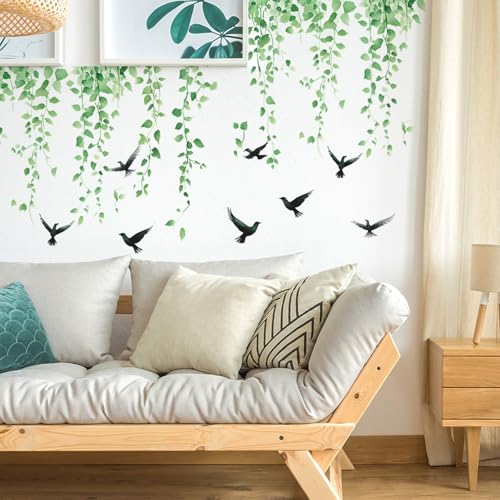 Green Plants Leaves Wall Decals Removable Green Hanging Vines with Birds Wall Stickers Peel and Stick Vinyl Waterproof Leaf Wall Decor for Bedroom Living Room Bathroom Classroom Decorations - style: Green Plants Leaves 3