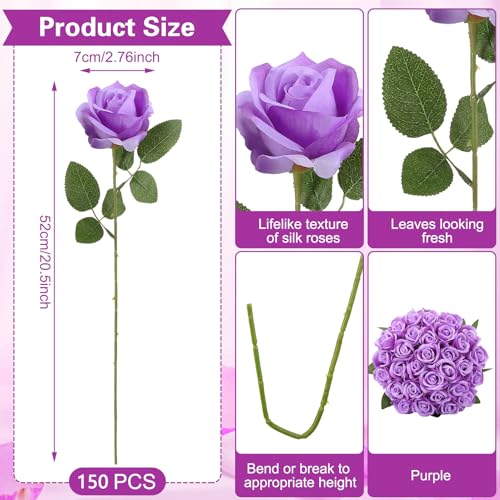 150 Pcs Roses Artificial Flowers, Silk Purple Artificial Flowers Petals Long Stem Roses for Wedding Bouquet Home Party Decor - color: Purple