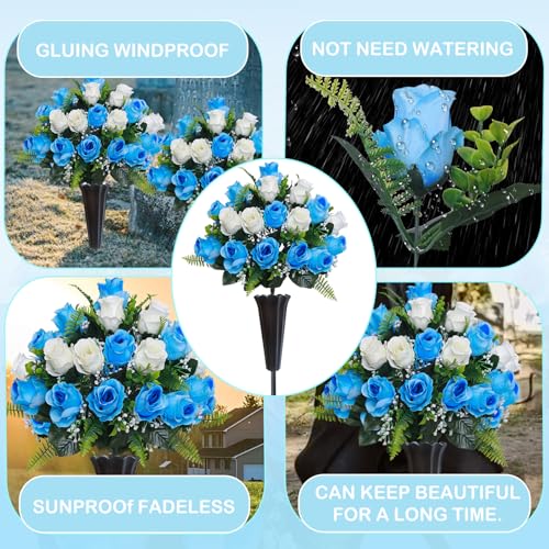 Lodou Set of 2 Artificial Cemetery Flowers, Memorial Flowers Bouquet,Grave Memorial Flowers with Vase for Cemetery Headstones Decoration (Blue White) - color: Blue White