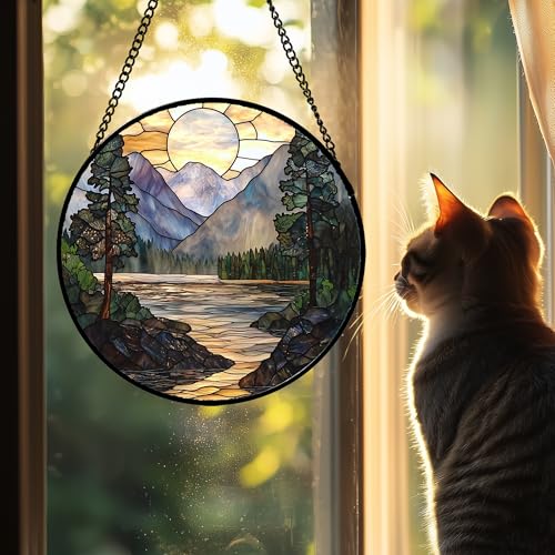 Stained Glass Window Hanging, Sunset Mountains Lake Tree Sun Catcher for Window Home Decor Landscape Suncatcher Mother's Day Birthday Gifts for Women Men Mom and Nana 9.8 in - color: 1-yellow Green, size: 9.8x9.8 IN